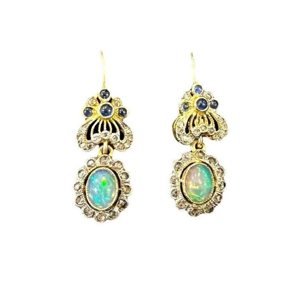 Opal 50 Diamond Sapphire Earrings 14K Gold Hook Back And Gilt Sterling Earrings